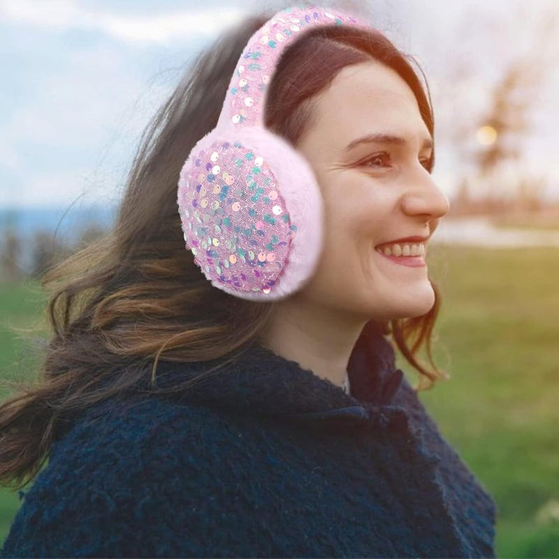 ACTLATI Girl Winter Earmuffs Sequin Shiny Outdoor Ear Warmers Fluffy Muffs Cute Faux Fur Earmuff for Kids Adult Women - Image 3